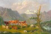 Johann Kaspar Scherrer Weidelandschaft in den Schweizer Bergen mit Katarakt und Gebirgshorizont oil on canvas